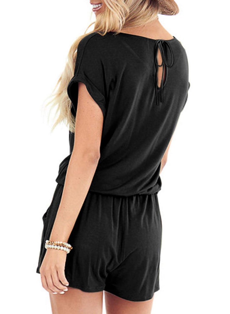 Mokayee م jumpsuit قصير صيفي أسود للنساء مع أكمام قصيرة وياقة دائرية مع رباط أمامي جذاب و جيوب S - Image 2